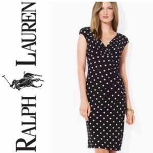 Ralph Lauren Polka Dot Ruched Midi Dress | Black & White | Size 6